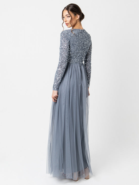 Dusty Blue Long Sleeved Sequin Gown