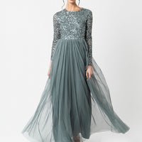 Misty Green Long Sleeved Sequin Gown