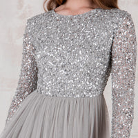 Soft Grey Long Sleeved Sequin Gown