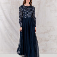 Navy Embellished Long Sleeve Sequin Gown